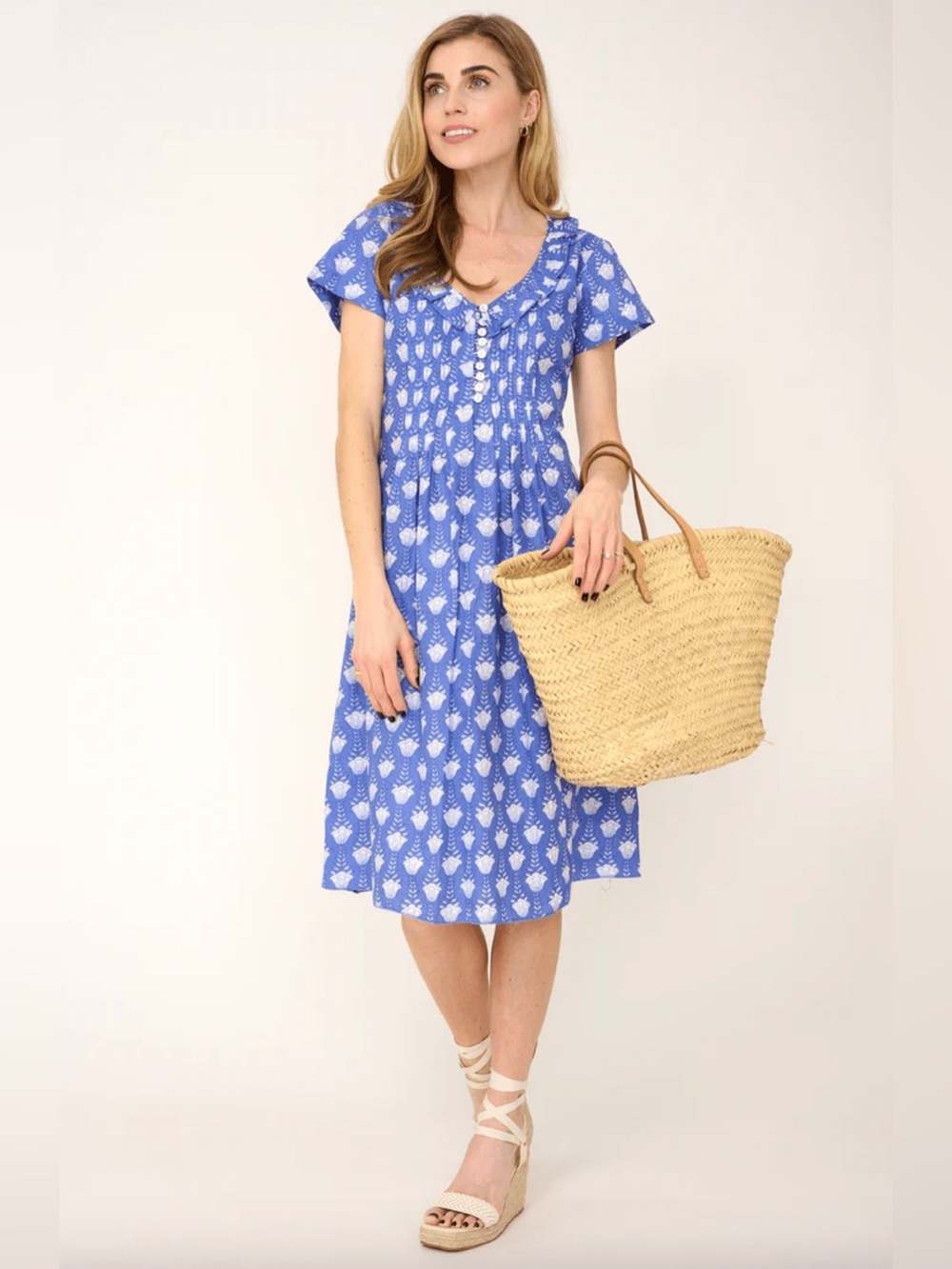 NWT At Last Cotton Karen Short Sleeve Day Dress in Wedgewood Blue Flower Sz 12